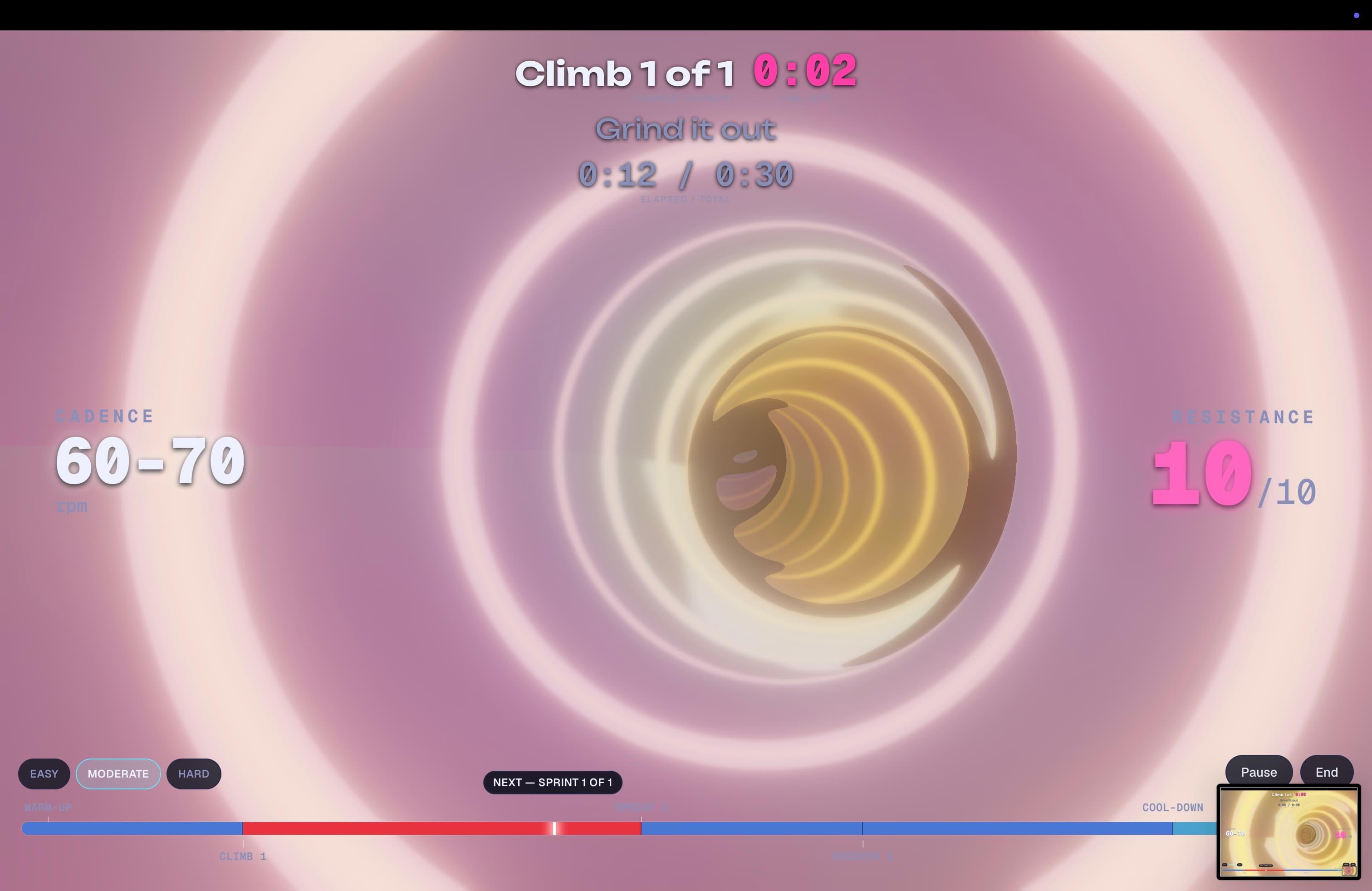 Mid-ride view of the Wormhole visual style, a raymarched tunnel of shifting color and light