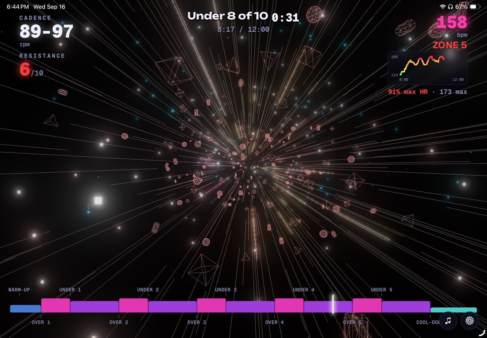 A ride in progress inside Warp Cycling's Lightspeed 3D course view